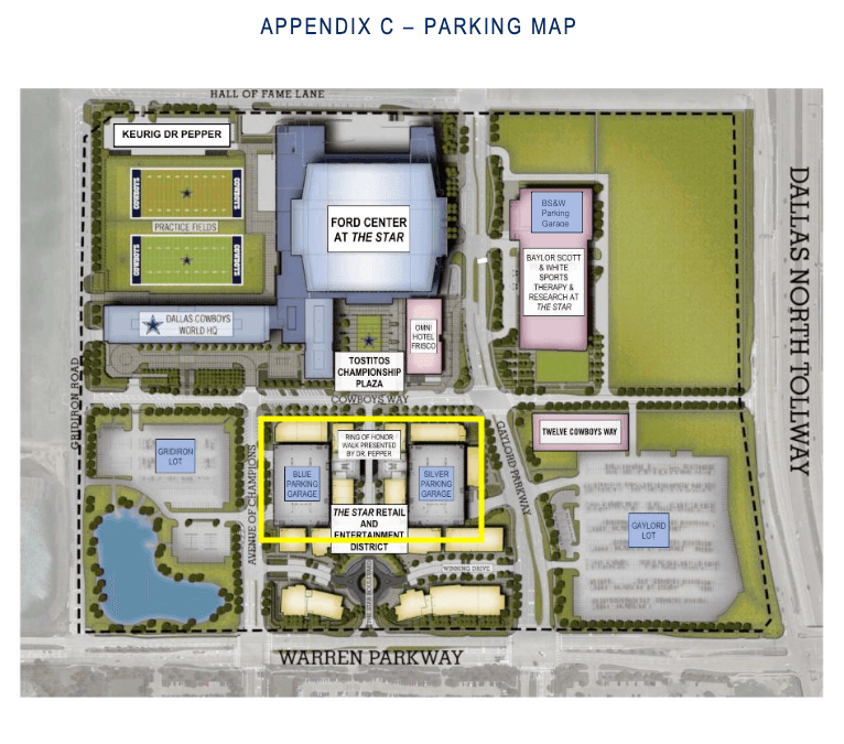 The Star venue map showing Ford Center, parking garages, and surrounding area